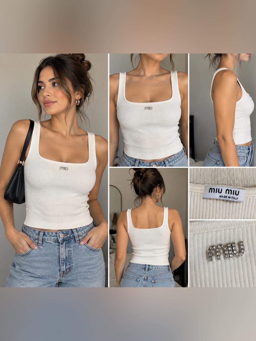 Miu Miu White Ribbed Square-Neck Tank Top size S
